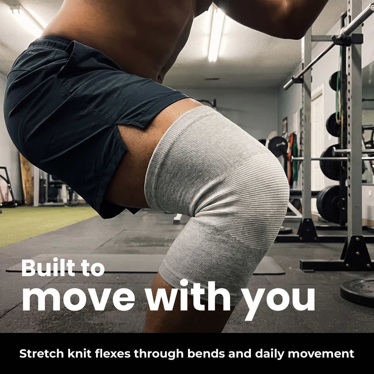 Flexible BambooFlex knee sleeve moving through a gym squat